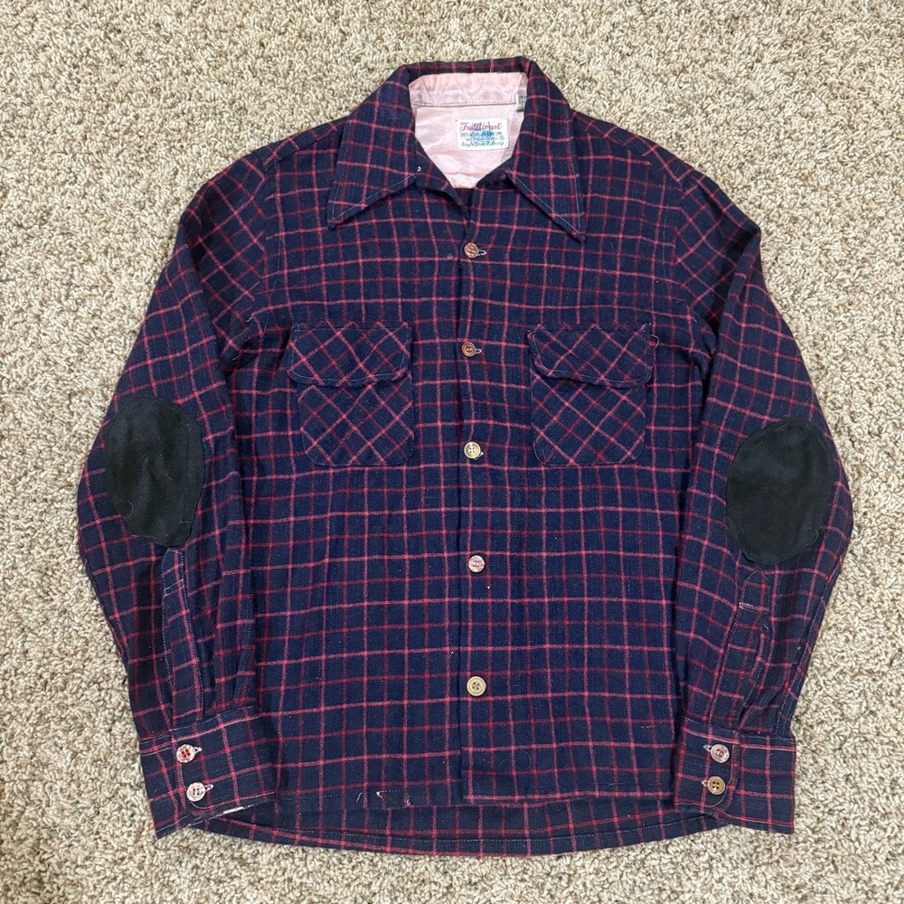 Vintage 60s-70s Traditional Wool Button Up Pocket Flannel Shirt Elbow Pads Sz.S